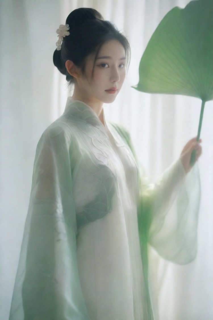  Ancient Chinese Beauty, wearing Hanfu, standing by one enormous lotus leave with intricate patterns, median transparent/translucent lotus leave, soft glow, in the style of Albert Watson, minimalism, light emerald and white, simple white background, surrealist, feminine sensibilities, sunlight, monkren,<lora:660447824183329044:1.0>