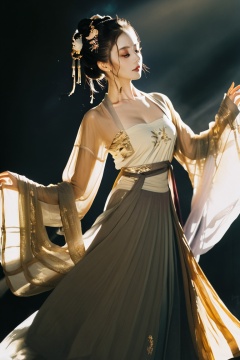  a woman is dancing,hanfu,hair ornament,long sleeves,dress,single hair bun,wide sleeves,,dark,gold,big breasts,black eyes,lips,bouncing breasts,moody lighting,Cinematic Lighting,,a graceful dance,amazing light and shadow,wriggling one's body,chinese style palace,full body,
