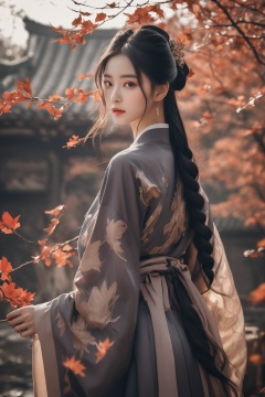  Fashion editorial style a asian girl with hanfu ruqun,Jin style, joint brand, ribbon, Withered leaves, old vines, plant illustration, splash ink,High fashion, trendy, stylish, editorial, magazine style, professional, highly detailed, cinematic lighting, Dramatic lighting