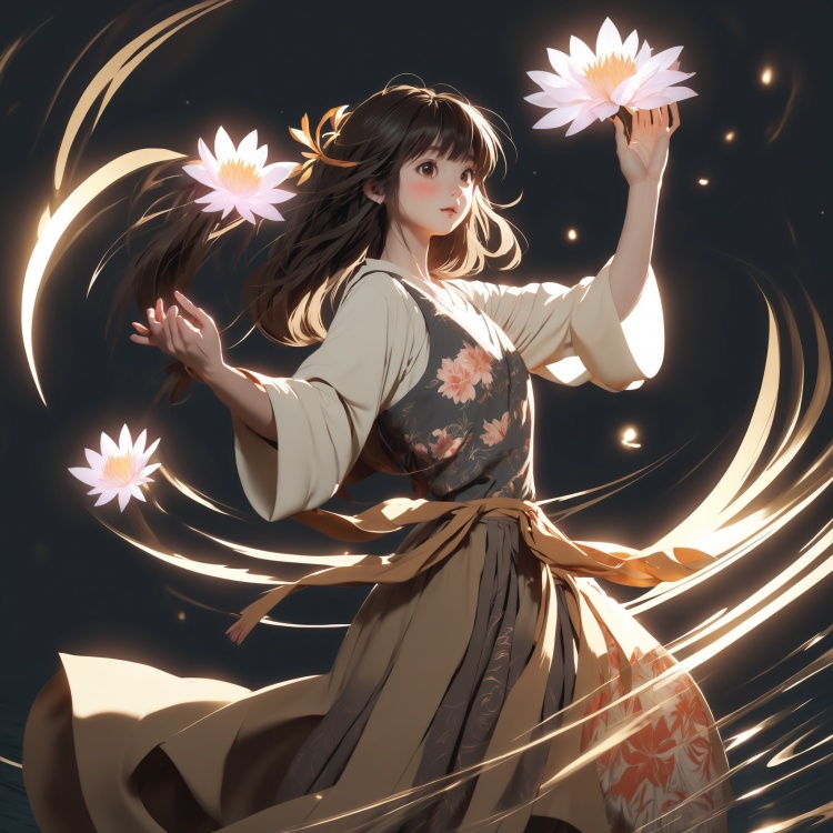  light grwen clothes, 1girl, solo, glowing, upper body, long hair, bangs, blunt bangs, arms up, brown hair, looking at viewer, abstract, release spell, black hair, spell pattern, light, ripples, flower, reflection,