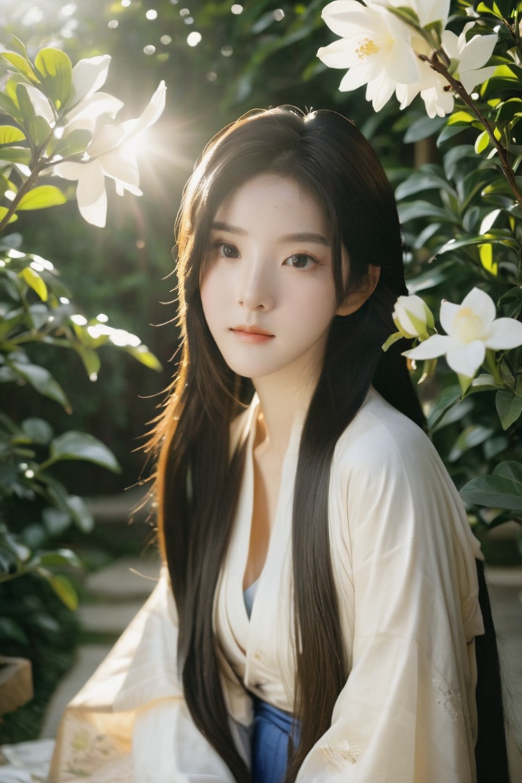  Best quality, masterpiece, highres, Film light effect,1girl,long hair,looking at viewer, hanfu, beautiful face,Eye the camera, Garden, Gardenia, A face without blemishes., sunlight, monkren