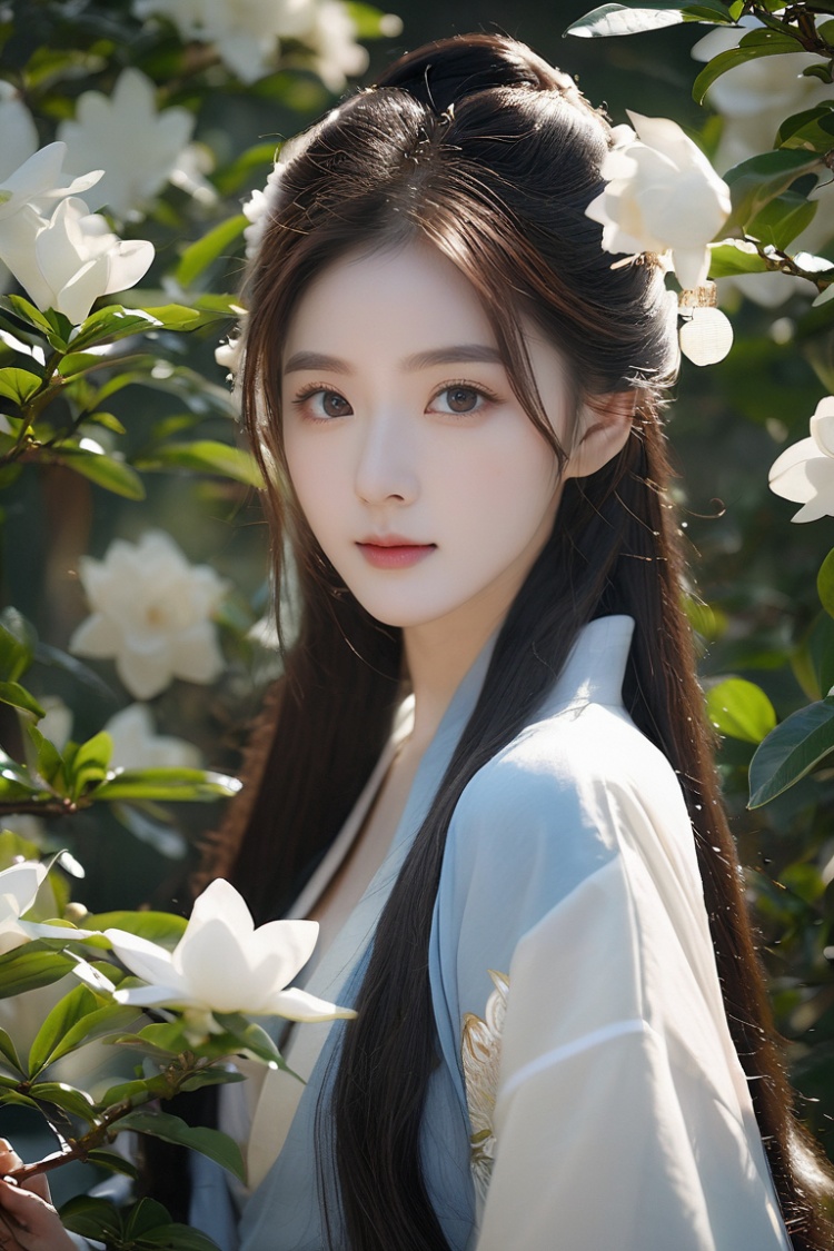  Best quality, masterpiece, highres, Film light effect,1girl,long hair,looking at viewer, hanfu, beautiful face,Eye the camera, Garden, Gardenia, A face without blemishes.