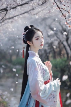  Girls, Hanfu, aestheticism, cherry, large cherry, petals fall, big scene, elegant Hanfu, dream, unreal, inceptionspace,sci-fi,汉服,guofeng,(\hui mou\)