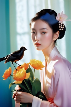  1girl,chinese young girl,bird,flower,style of Miles Aldridge, monkren, sunlight