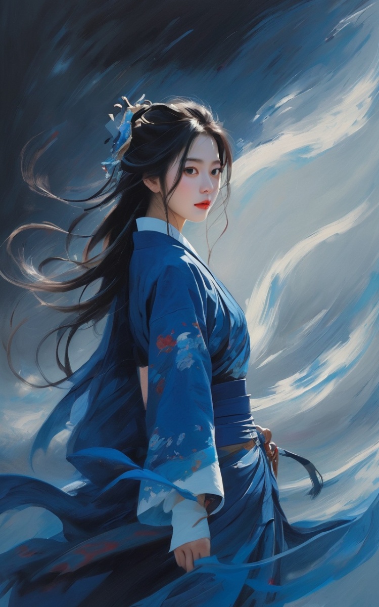  (abstract art:1.4), masterpiece, best quality, ultra high res, beautiful, visually stunning, (1girl:1.3), (dark blue theme:1.2), deep blue, cowboy shot,girl,wuxia,Chinese style,(Small chest:0.75),niji, sunlight, monkren