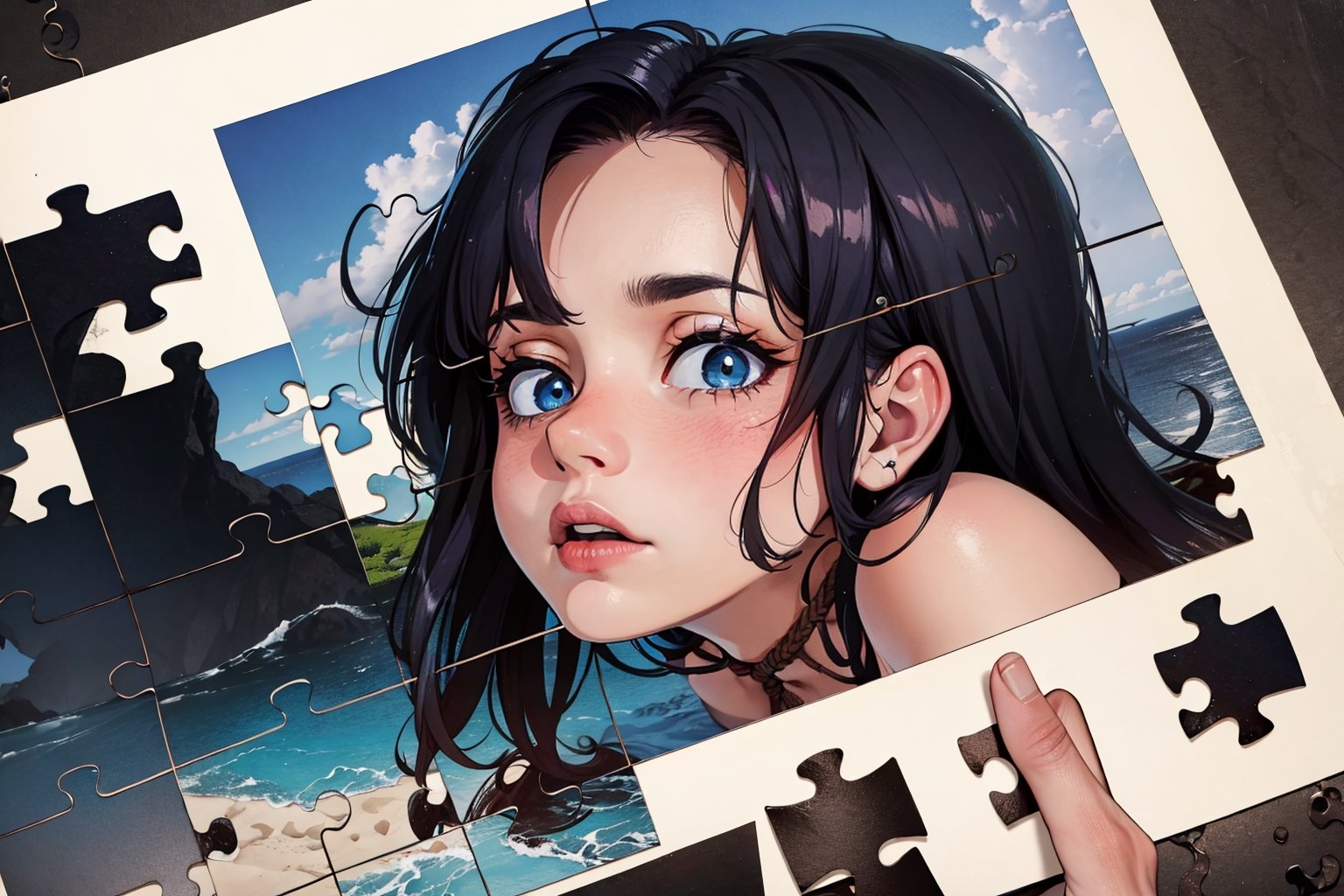   ***** woman,  (portrait:0.8),  (close-up:0.8)beautiful eyes,beautiful hair, absurdres,((Masterpeace, 4k, 8k, highres)),epic scenery,solo(dead (black blue ,beautiful,mystical,intricate,detailed,dark  look)),she is killing on the black water, colorful refraction,surreal,intricate,blue sky Overwhelming presence, ((bewitching)), random design, snake_girl, full_body, shibari  ,rope,puzzle_style, puzzle, line