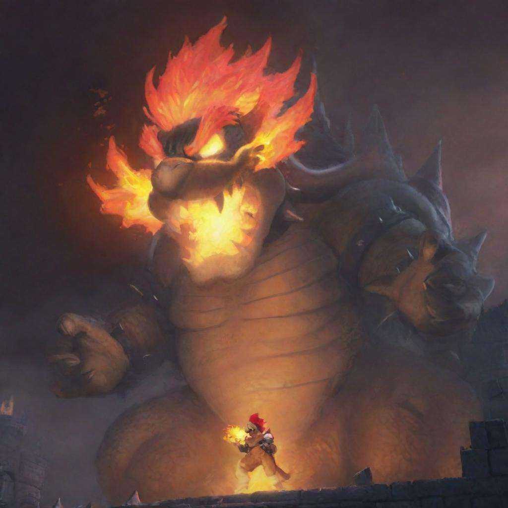 Bowser,  breathing fire in the castle on Tensor.Art
