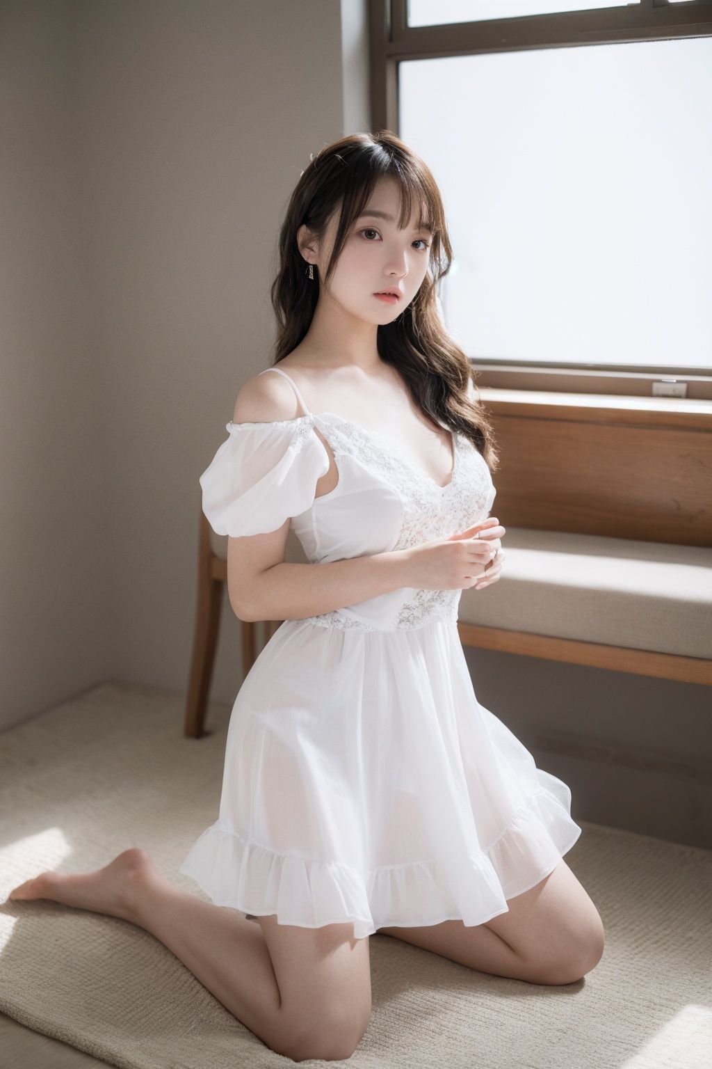 Best quality,masterpiece,(photorealistic:1.4),ultra high res,raw photo,depth of Field,1girl,akl,akl's face,good face,shapely body,long wavy hair,parted lips, open clothes, long lolita_dress,kneeling,walking,good pose,indoors,