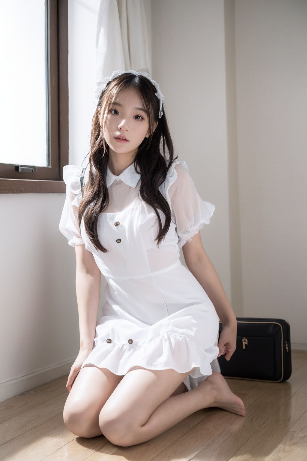 Best quality,masterpiece,(photorealistic:1.4),ultra high res,raw photo,depth of Field,1girl,akl,akl's face,good face,shapely body,long wavy hair,parted lips, open clothes, long lolita_dress,kneeling,walking,good pose,indoors,