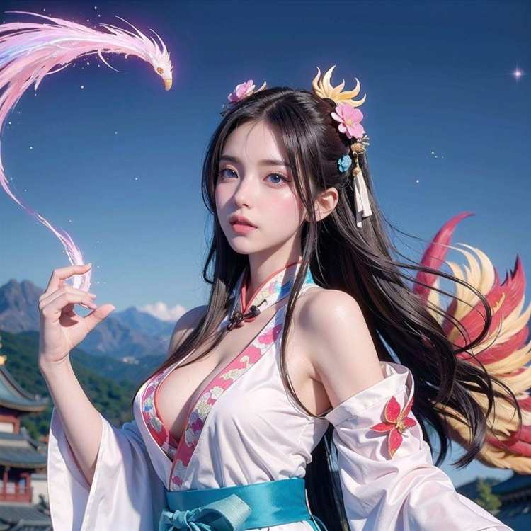 1girl,(colorful hanfu:1.3),bare_shoulders,wide_sleeves,cleavage,light_particles,Blue eyes,pink_butterfly,flowers,blue flowers,Upper body,star_\(sky\),background mysterious magic castle,the hanging temple,((bizarre background phoenix)),