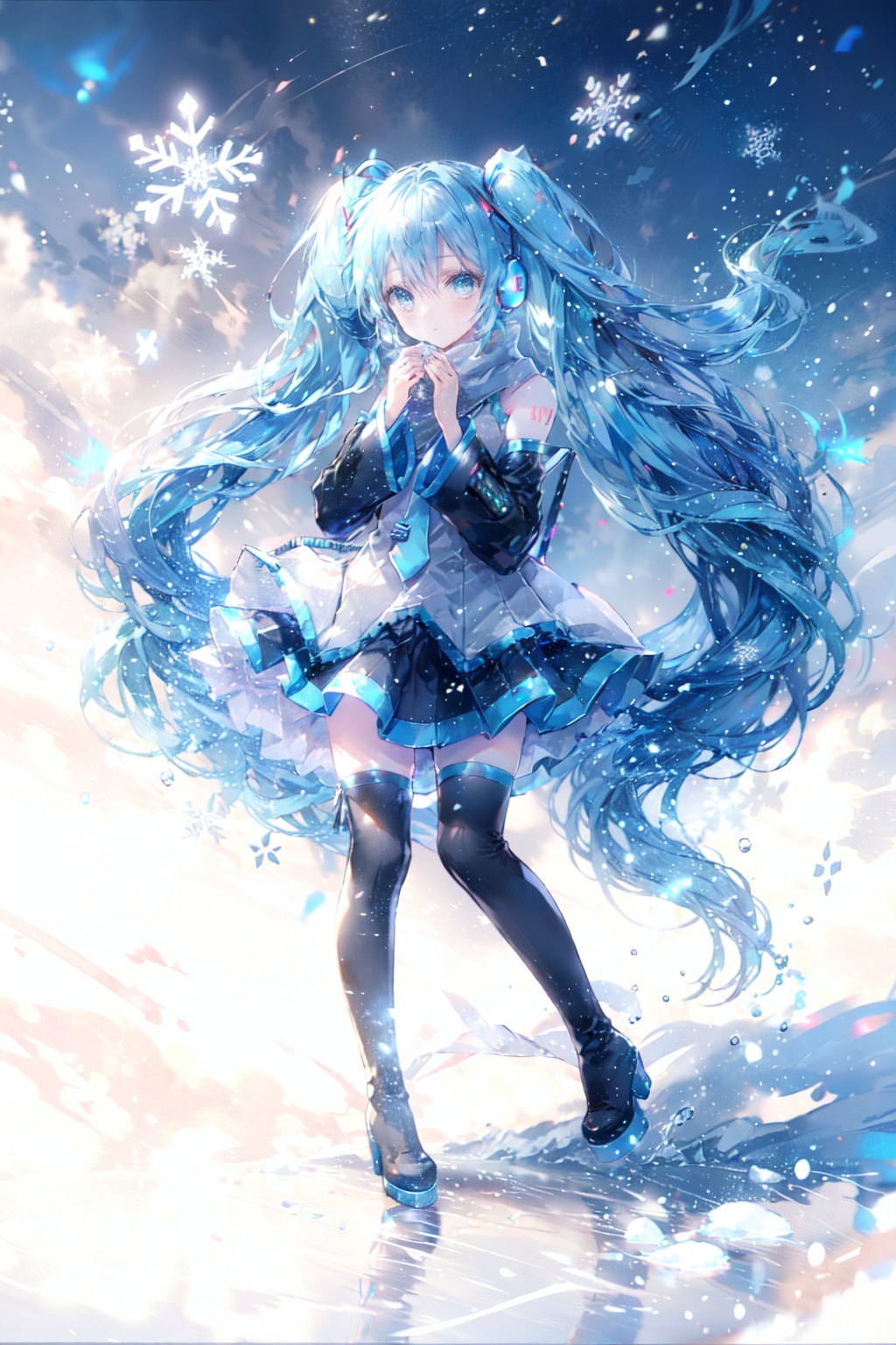 1girl, solo, hatsune miku, yuki miku, long hair, thighhighs, twintails, snowflakes, detached sleeves, blue eyes, skirt, blue hair, very long hair, thigh boots, scarf, earmuffs, necktie, boots