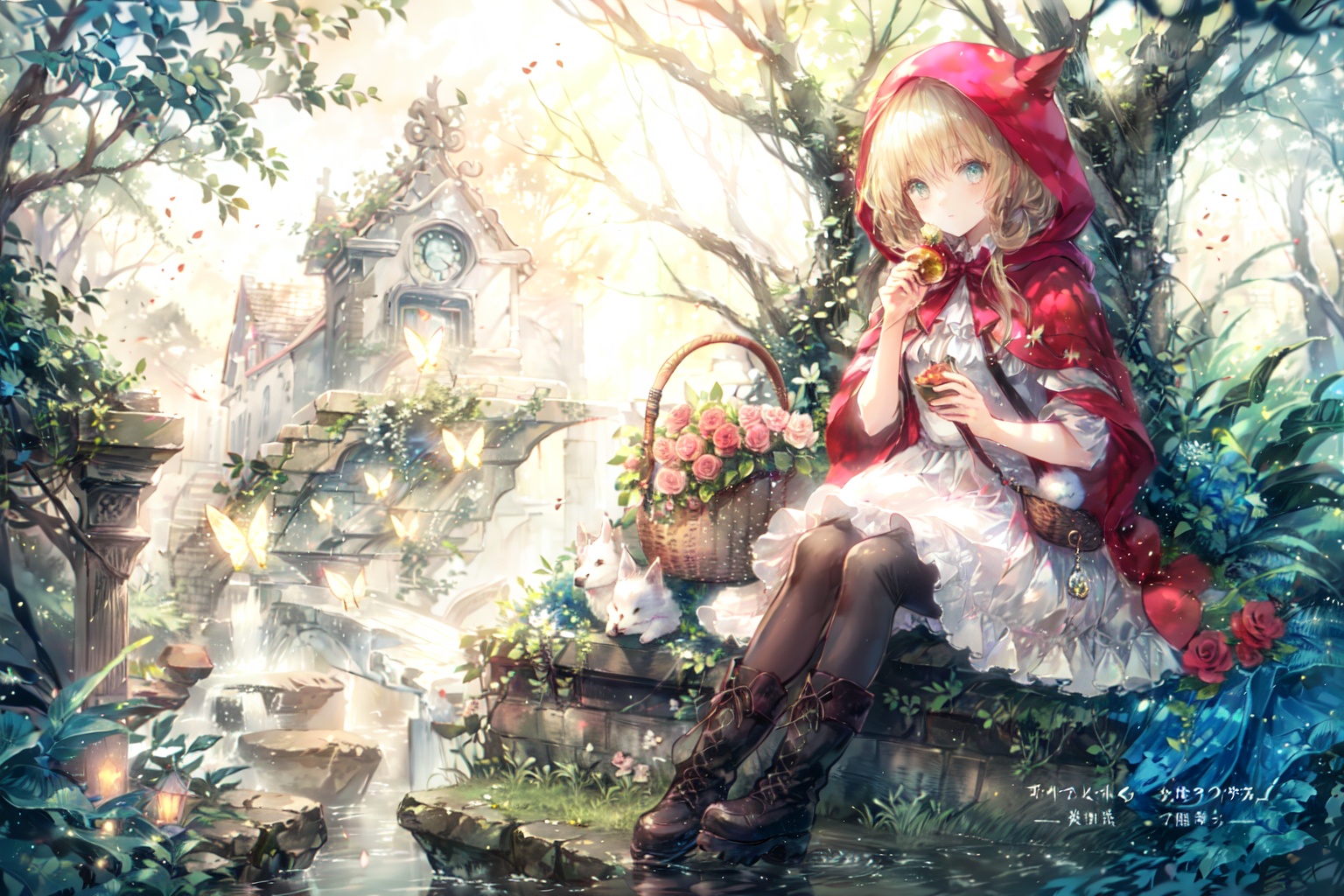little red riding hood \(grimm\), flower, blonde hair, boots, blue eyes, butterfly, rose, rabbit, bug, pantyhose, pink rose, bird, long hair, sitting, french text, hood, english text, basket, wolf, multiple girls, tree, 1girl, smile, dress, food, pink flower