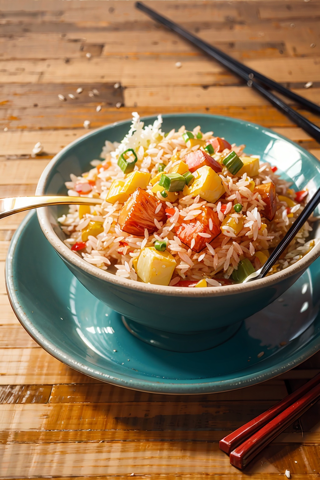  absurdres,incredibly absurdres,reality,realistic,,(solo:1.2),1girl,full_shot, Eat Fried Rice, Spoons, chopsticks