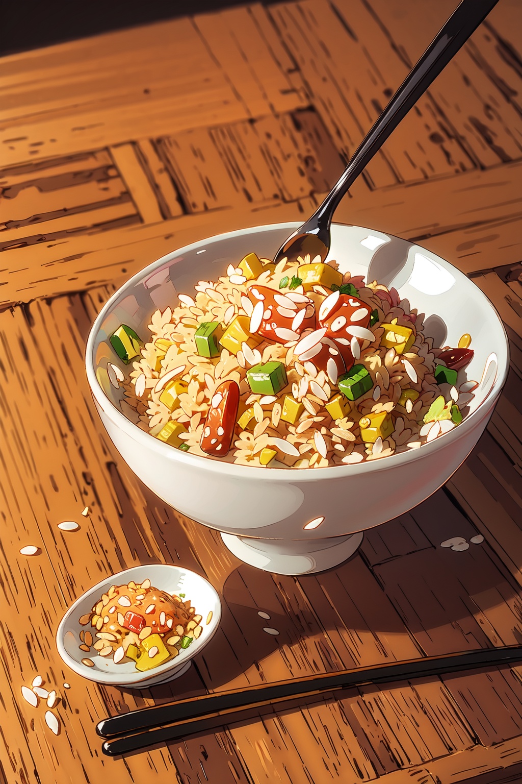  absurdres,incredibly absurdres,reality,realistic,,(solo:1.2),1girl,full_shot, Eat Fried Rice, Spoons, chopsticks
