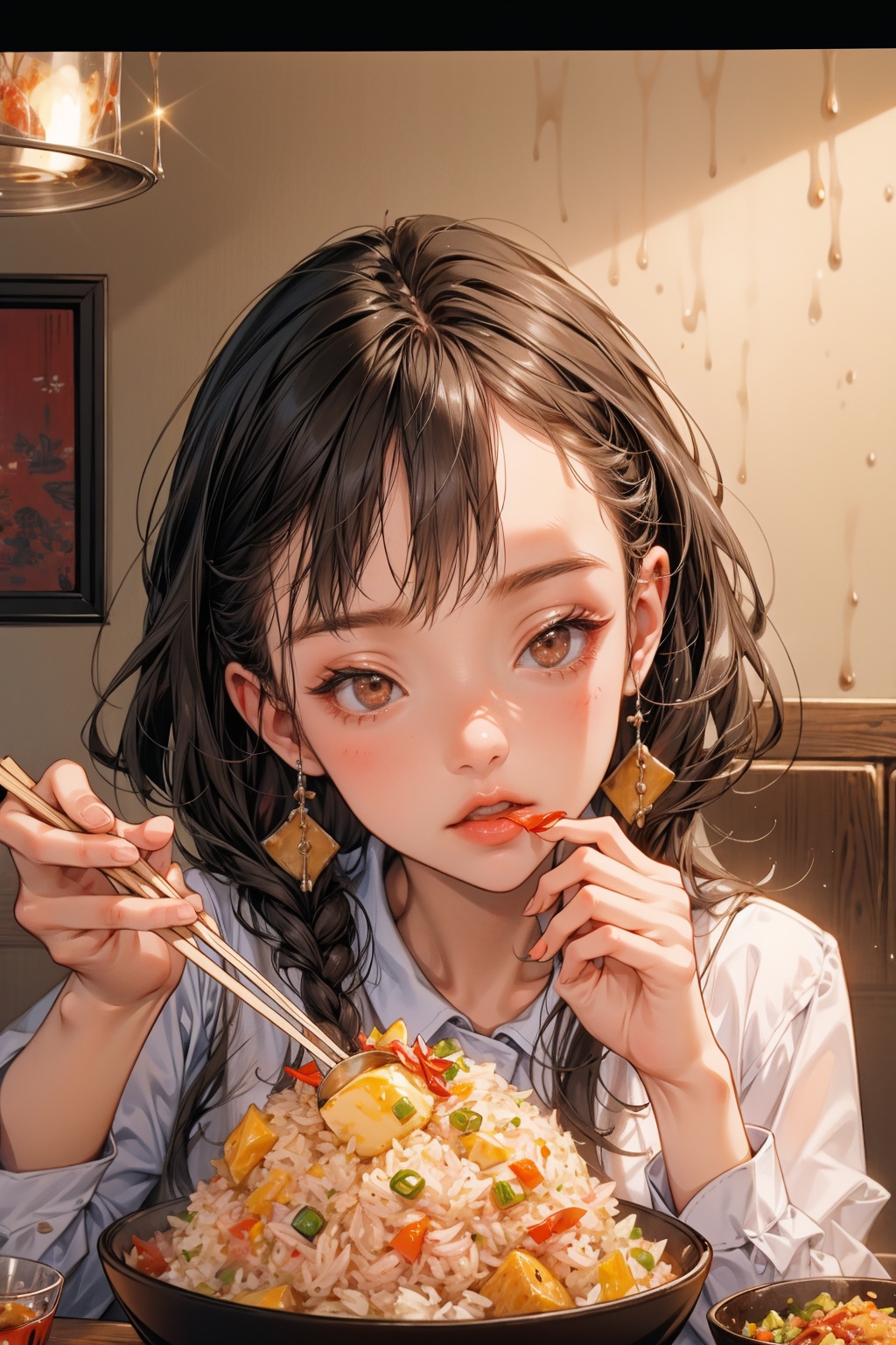  absurdres,incredibly absurdres,reality,realistic,,(full_shot:1.6),1girl,, Eat Fried Rice, Spoons, chopsticks
