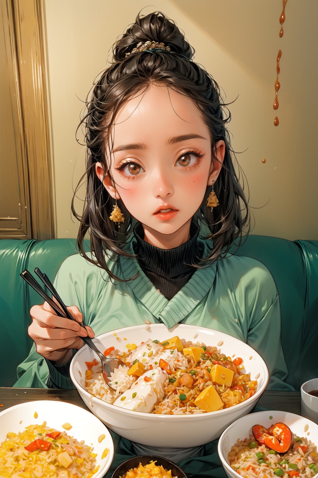  absurdres,incredibly absurdres,reality,realistic,,(full_shot:1.6),1girl,, Eat Fried Rice, Spoons, chopsticks