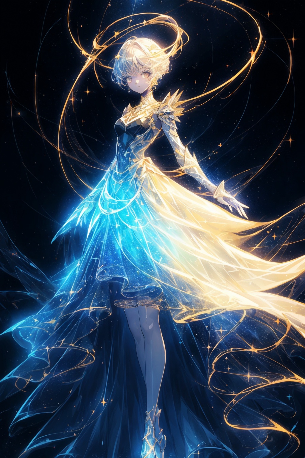  Best quality, 8k, cg,A girl formed by light,solo,glowing,black_background,light,A dress formed by light,starry_background