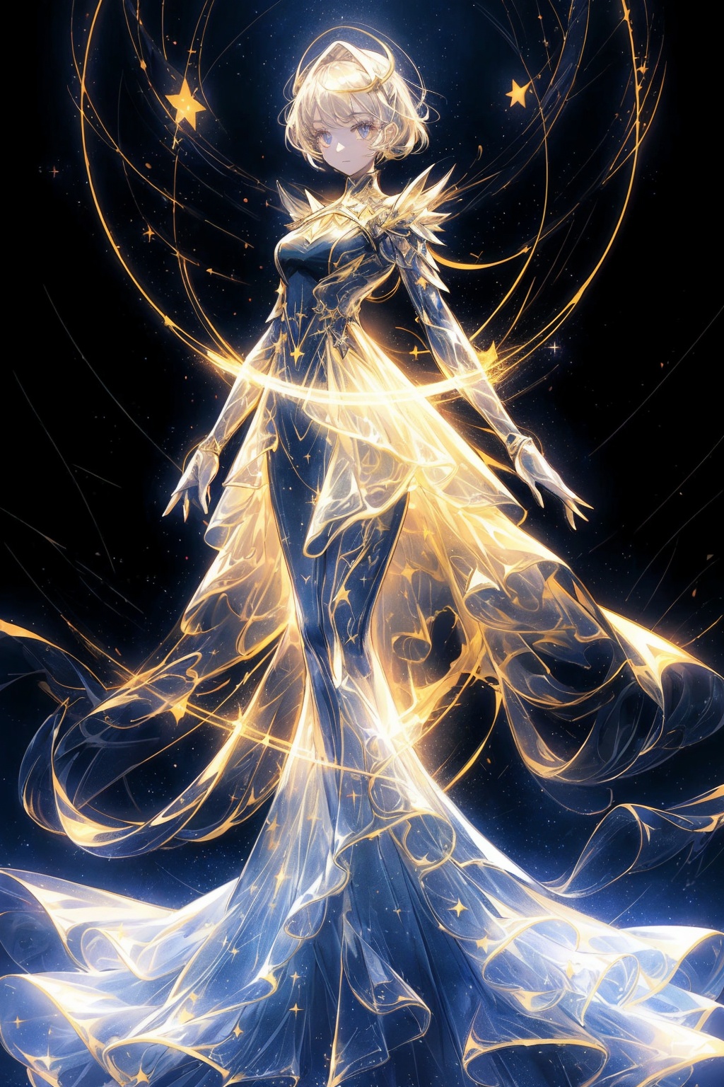  Best quality, 8k, cg,A girl formed by light,solo,glowing,black_background,light,A dress formed by light,starry_background