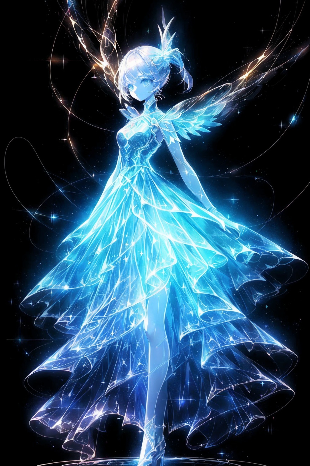  Best quality, 8k, cg,A girl formed by light,solo,glowing,black_background,light,A dress formed by light,starry_background