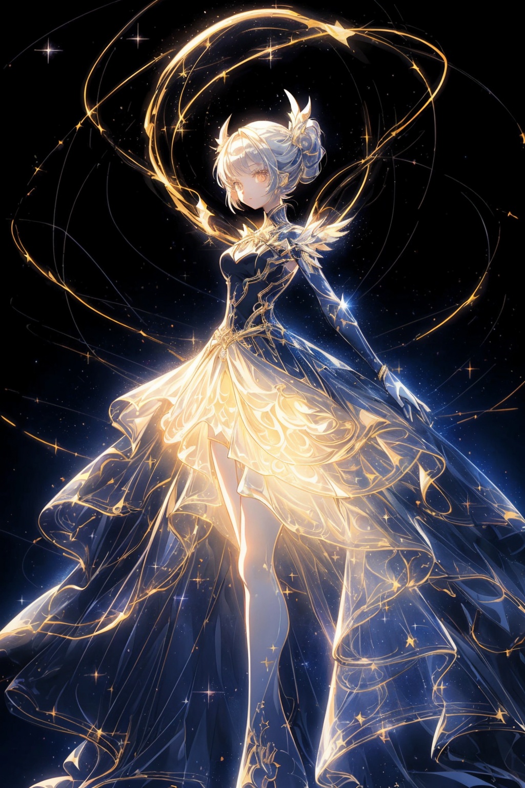  Best quality, 8k, cg,A girl formed by light,solo,glowing,black_background,light,A dress formed by light,starry_background