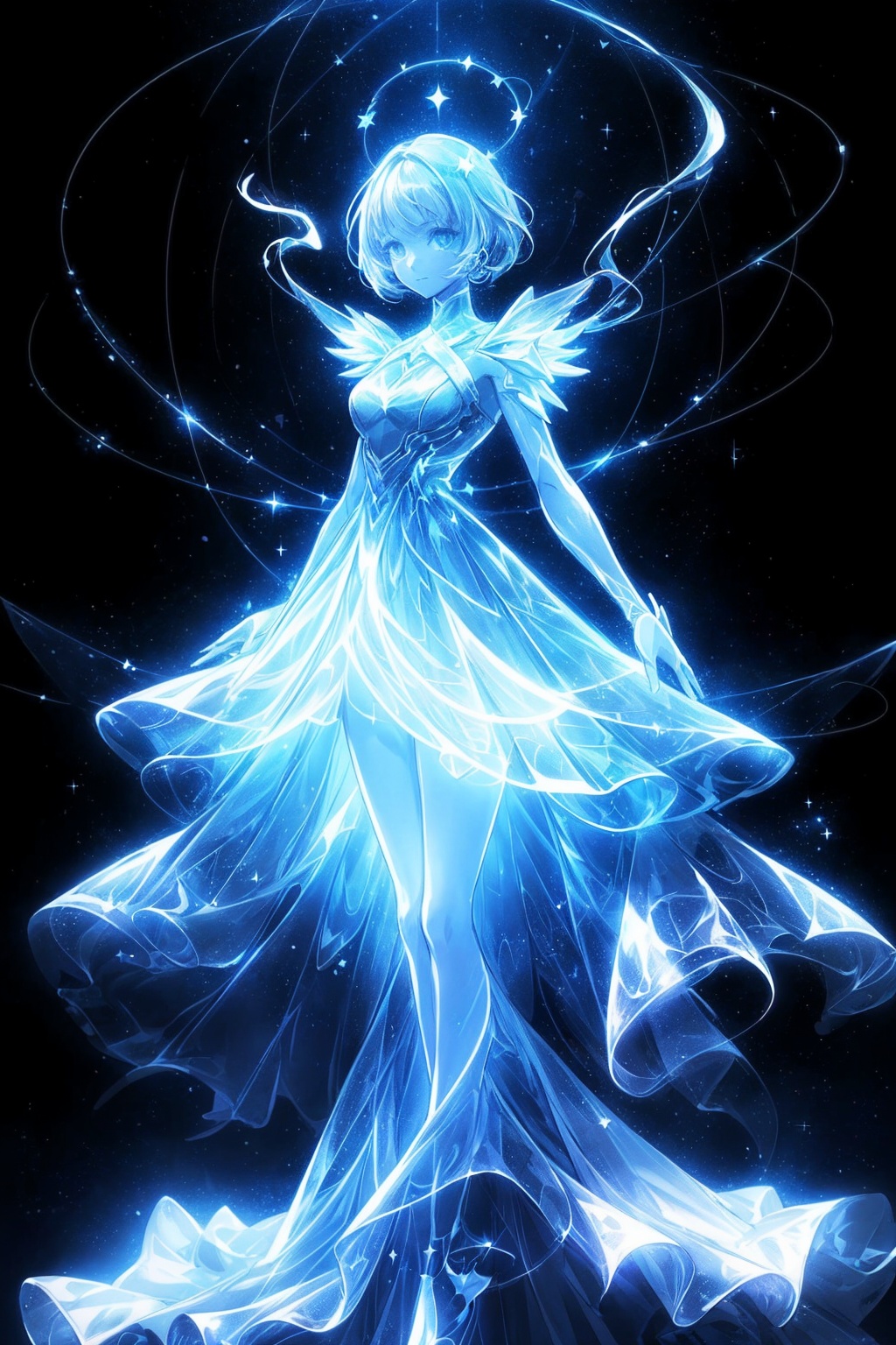  Best quality, 8k, cg,A girl formed by light,solo,glowing,black_background,light,A dress formed by light,starry_background