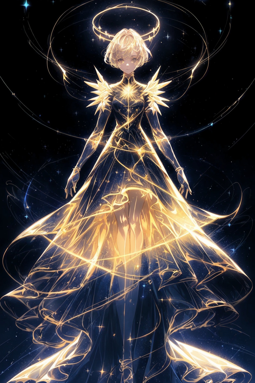  Best quality, 8k, cg,A girl formed by light,solo,glowing,black_background,light,A dress formed by light,starry_background