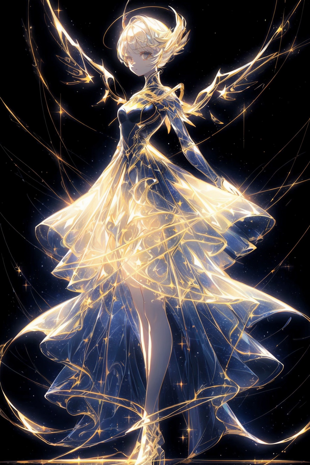  Best quality, 8k, cg,A girl formed by light,solo,glowing,black_background,light,A dress formed by light,starry_background