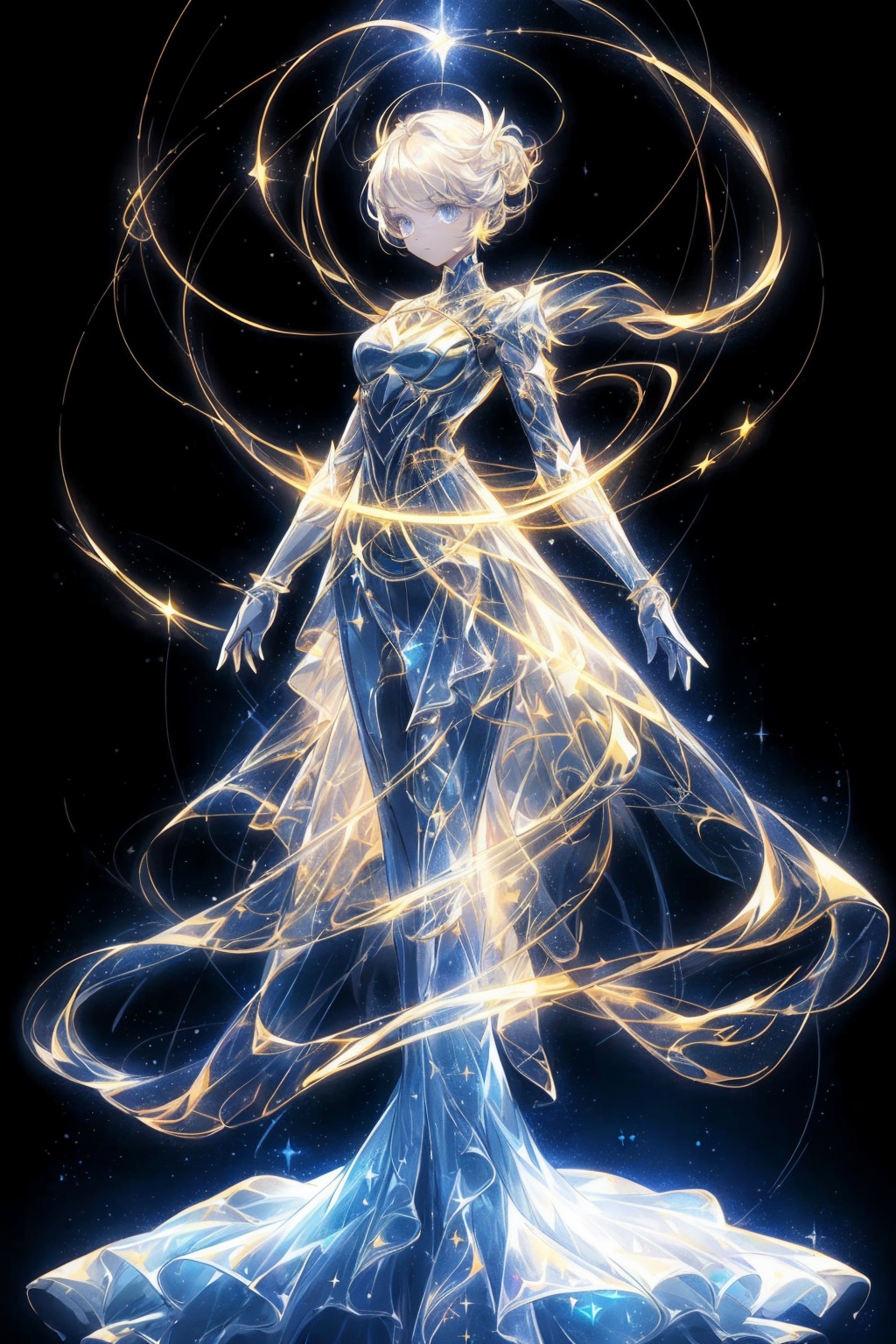  Best quality, 8k, cg,A girl formed by light,solo,glowing,black_background,light,A dress formed by light,starry_background