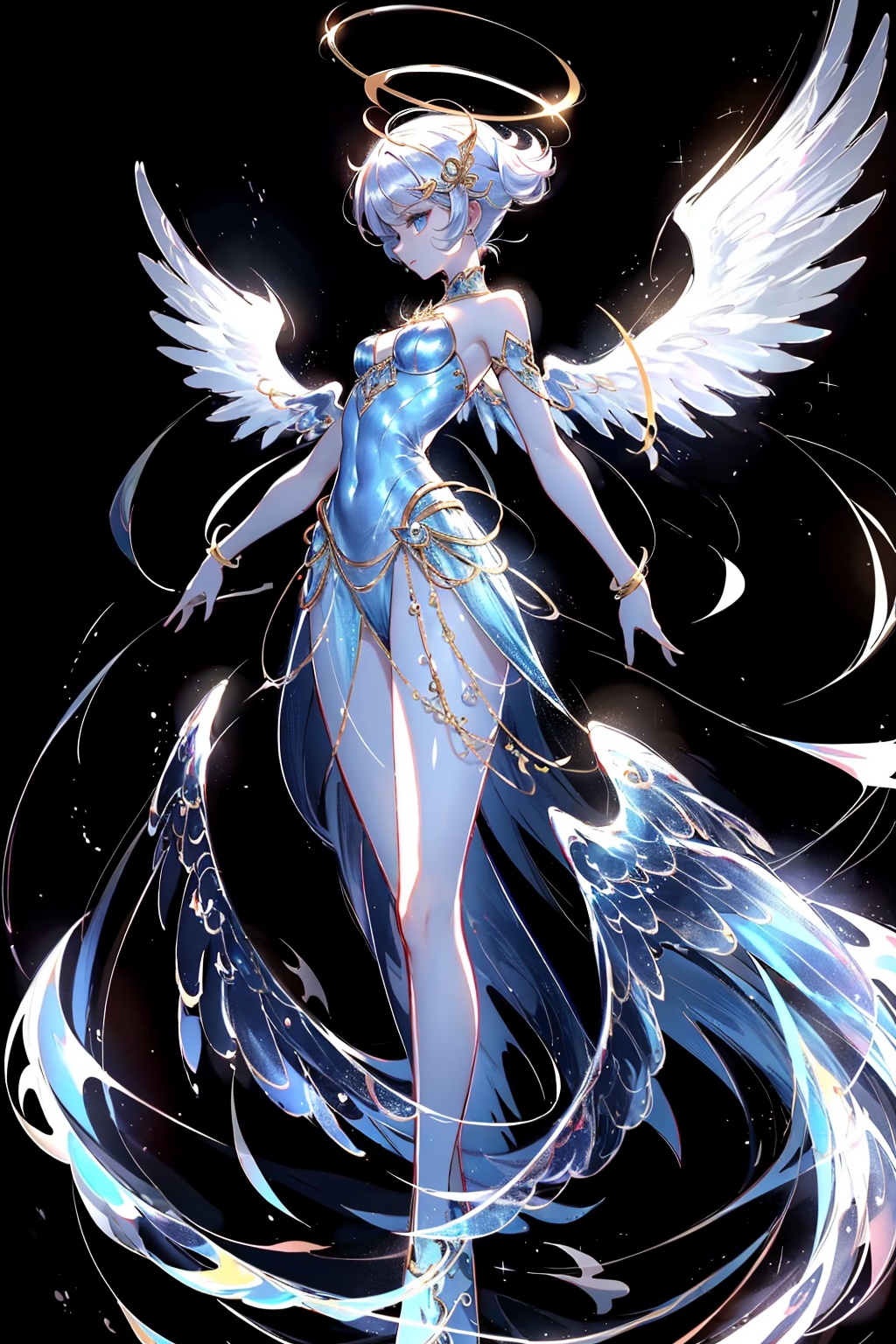  Best quality, 8k, cg, 
a close up of a person with a halo on a black background, glowing angelic being, ethereal angelic being of light, wings made of light, ethereal wings, angelic light, tron angel, angel spirit guide, angelical, ethereal anime, of beautiful angel, astral fairy, big white glowing wings, infinite angelic wings, goddess of light, beautiful angel, epic angel wings
