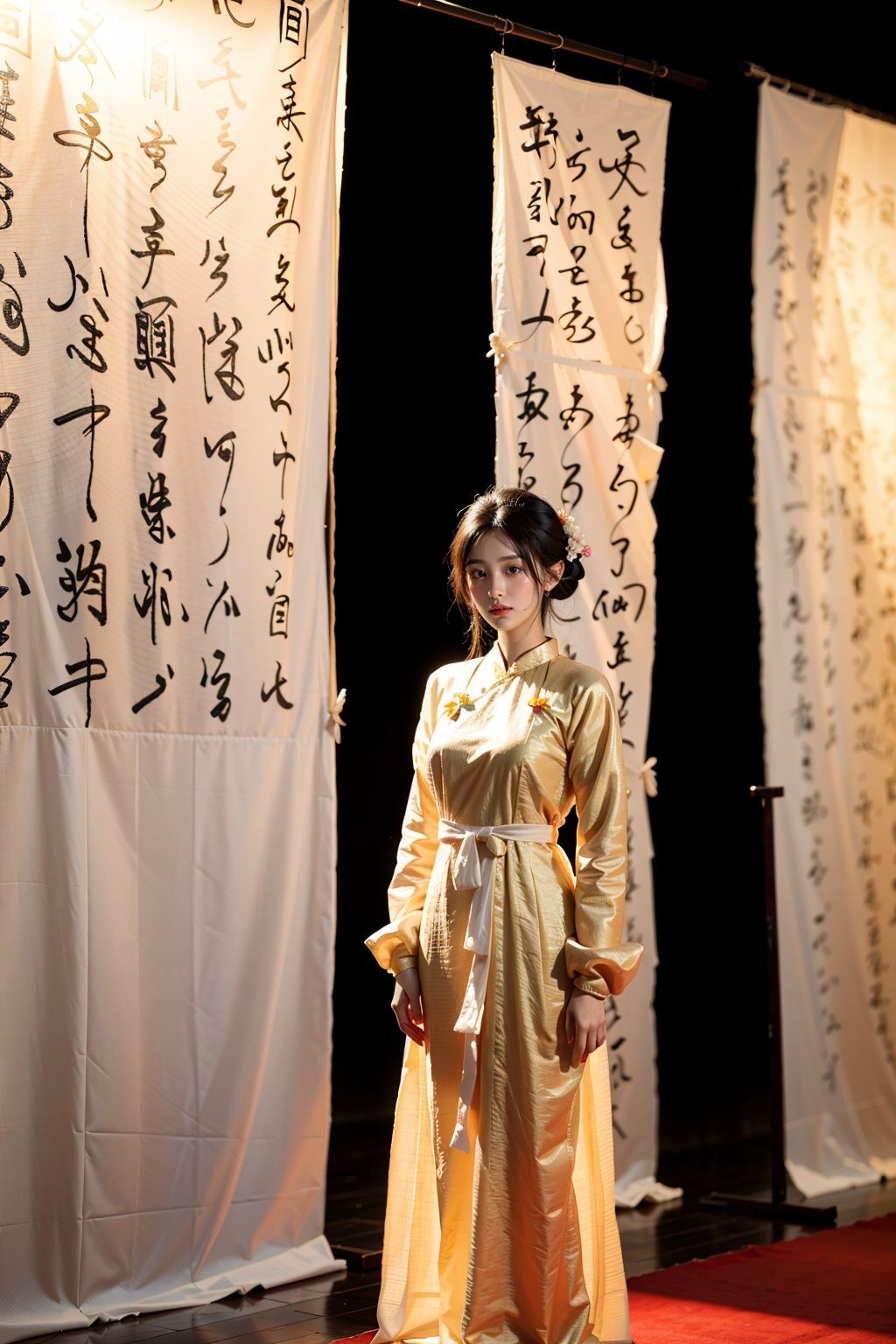 1girl,chian dress,shufa background,<lora:踏山听海【鬼画符】v2:0.8>,