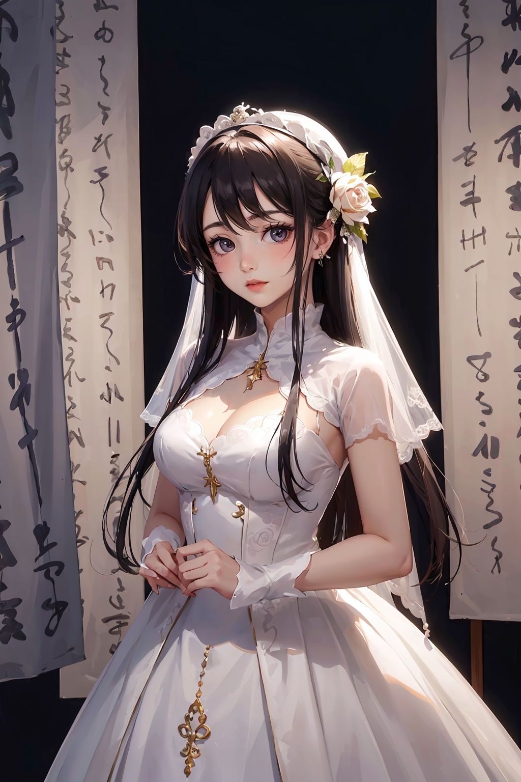 1girl,wedding dress,shufa background,masterpiece,best quality,ultra high res,<lora:踏山听海【鬼画符】v2:0.8>,