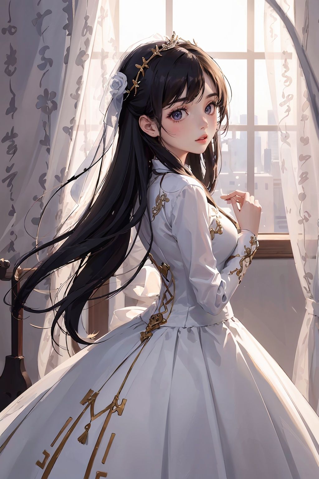 1girl,wedding dress,shufa background,masterpiece,best quality,ultra high res,<lora:踏山听海【鬼画符】v2:0.8>,