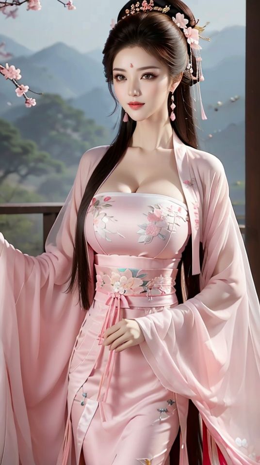 1girl,black hair,breasts,brown eyes,brown hair,chinese clothes,cleavage,collarbone,dress,earrings,floral print,flower,hair flower,hair ornament,hanfu,jewelry,lips,long hair,looking at viewer,pink dress,realistic,solo,standing,wide sleeves,,<lora:a07e44c276ccaa69c84152bc51aa1e543668b6a1f3e788e9c8637c7a8ecd960b:0.73>