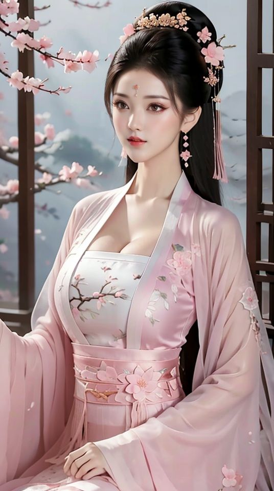 1girl,black hair,branch,breasts,brown eyes,cherry blossoms,chinese clothes,cleavage,day,earrings,floral print,flower,hair flower,hair ornament,hanfu,jewelry,lips,long hair,makeup,medium breasts,nose,petals,pink flower,realistic,solo,spring \(season\),tree,,<lora:a07e44c276ccaa69c84152bc51aa1e543668b6a1f3e788e9c8637c7a8ecd960b:0.73>