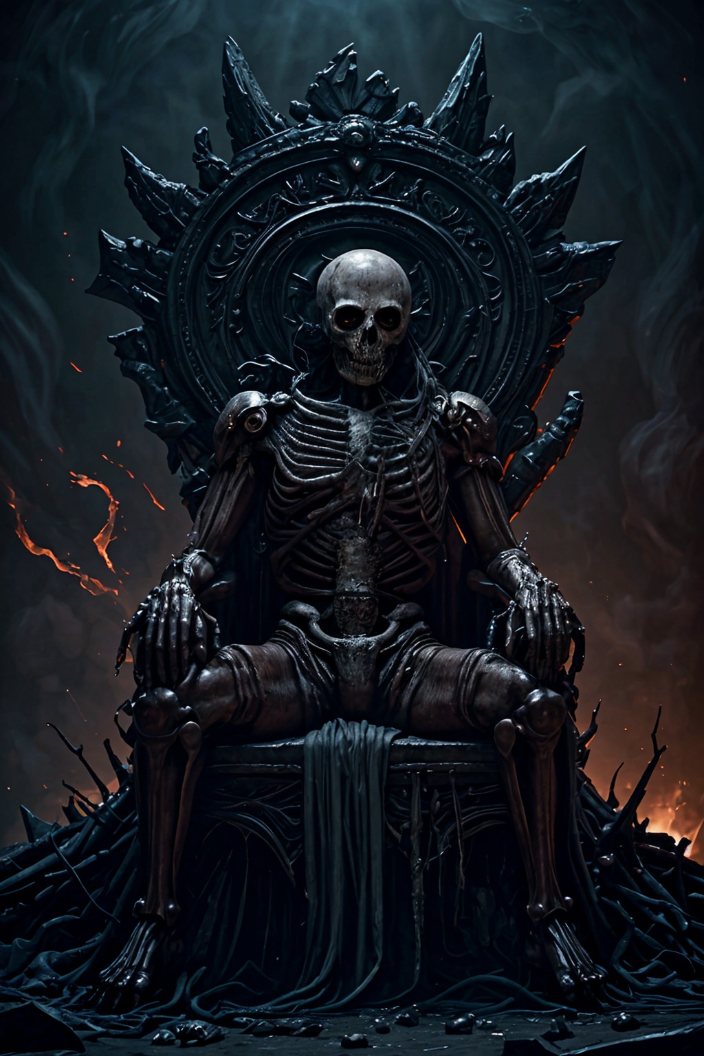 reate a hyper realistic image of skeleton god sitting in throne made of humans and animals skulls,  dark energy ,  emithin...