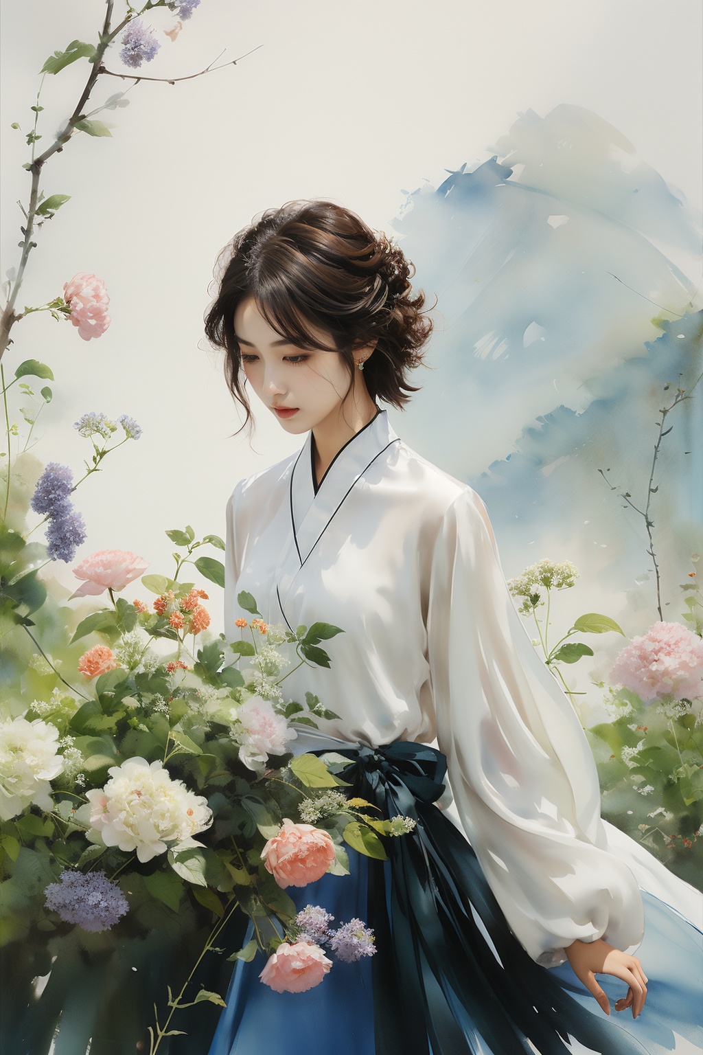  1girl,White silk,Short hair ,Gown,blue,flower,sideways,huaqiang,,Low Angle,, huaqiang, shuimo