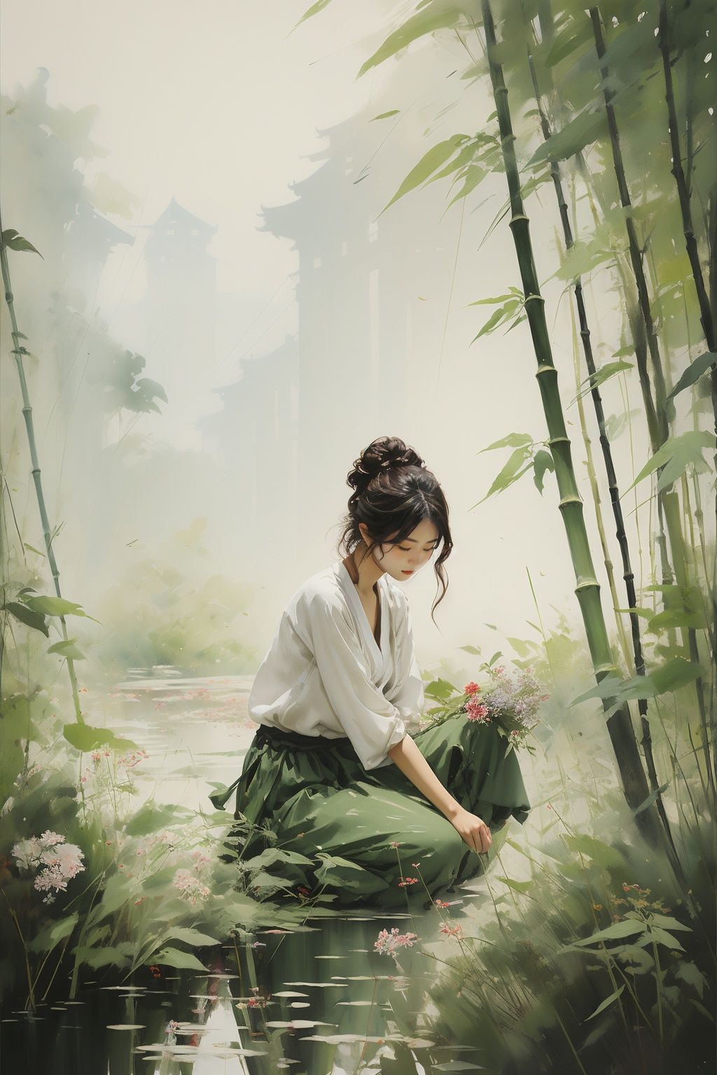1girl,shuimo,flowers,bamboo,Low Angle,<lora:shuimo:0.7>,The grass,