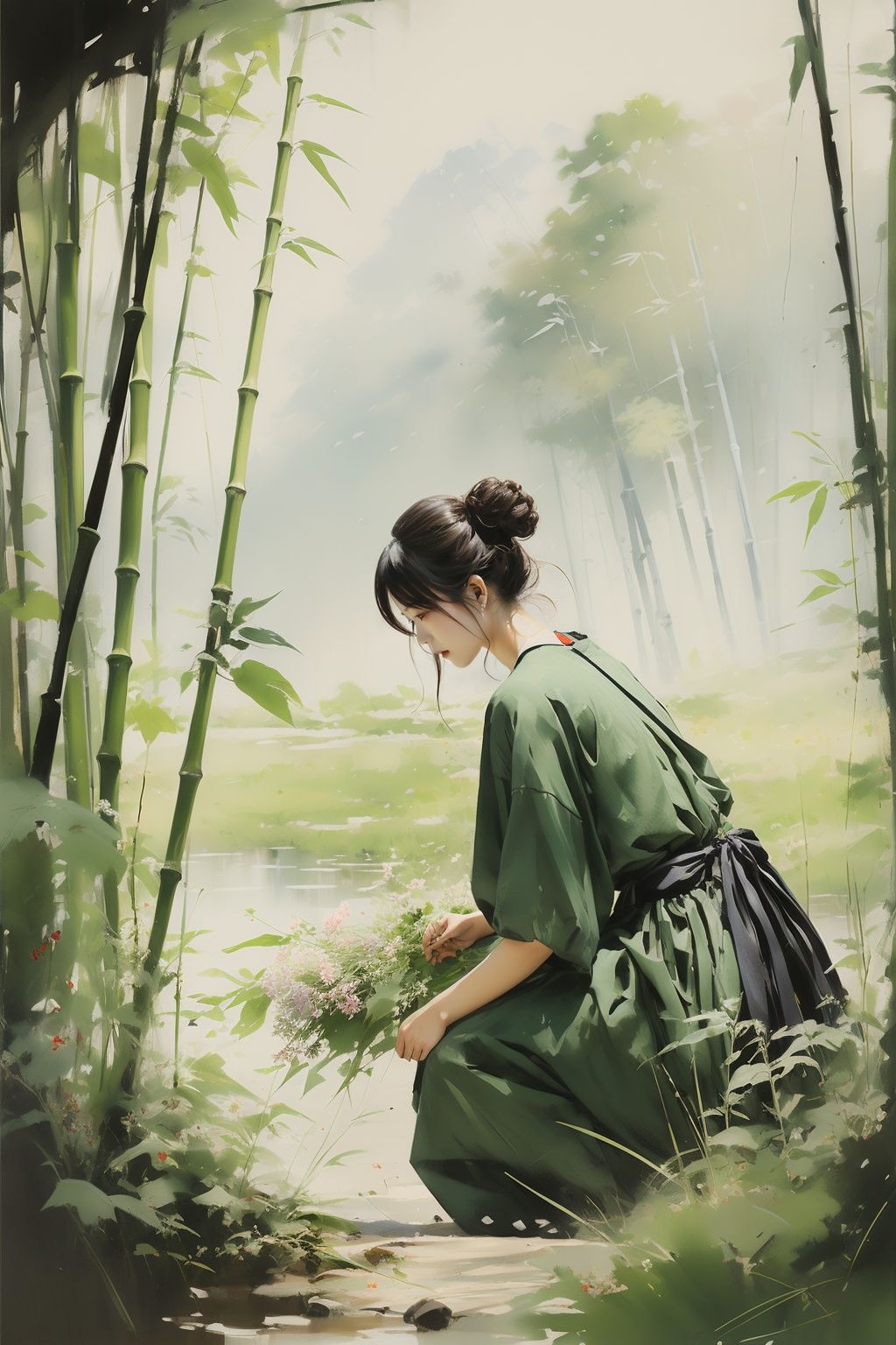 1girl,shuimo,bamboo,The grass,Low Angle,<lora:shuimo:0.7>,flowers,