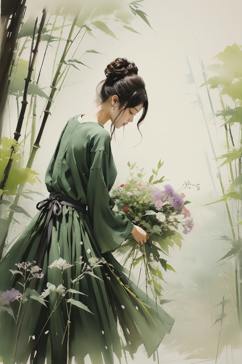1girl,shuimo,flowers,bamboo,Low Angle,<lora:shuimo:0.7>,The grass,