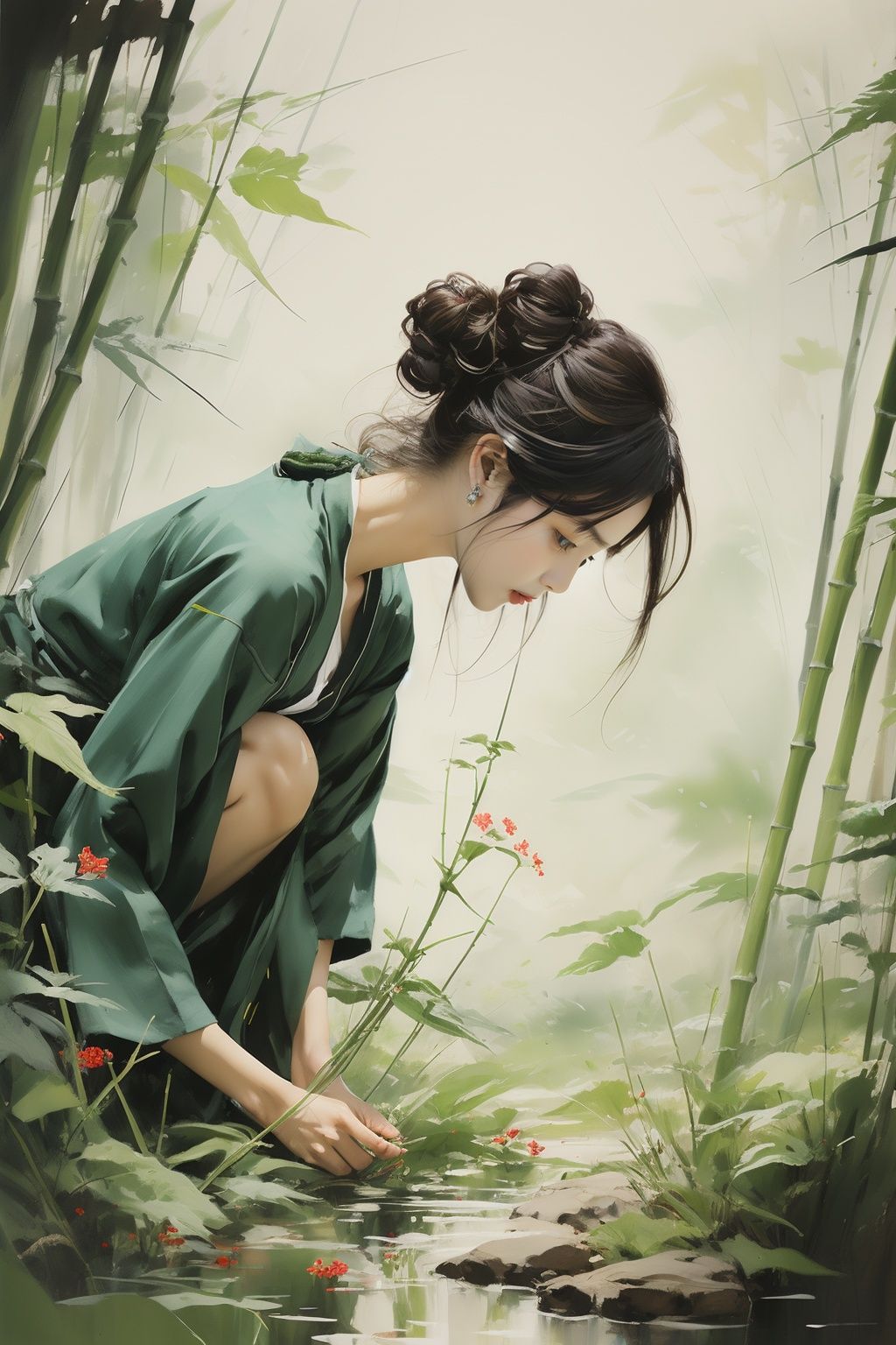 1girl,shuimo,bamboo,The grass,Low Angle,<lora:shuimo:0.7>,flowers,