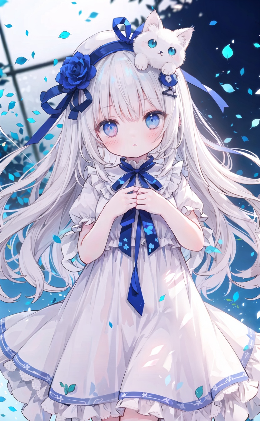 (1girl,very long hair,cowboy shot,animal,animal on head,cat,animal,animal on head,cat,animal,animal on head,cat:1),(4349,4349,4349:1),dress,rose,blue eyes,flower,white dress,long hair,heterochromia,ribbon,white headwear,hat,petals,looking at viewer,blue flower,blue rose,blue ribbon,bangs,hair ribbon,hair ornament,blush,dress,rose,blue eyes,flower,white dress,long hair,heterochromia,ribbon,white headwear,hat,petals,looking at viewer,blue flower,blue rose,blue ribbon,bangs,hair ribbon,hair ornament,blush,dress,rose,blue eyes,flower,white dress,long hair,heterochromia,ribbon,white headwear,hat,petals,looking at viewer,blue flower,blue rose,blue ribbon,bangs,hair ribbon,hair ornament,blush,