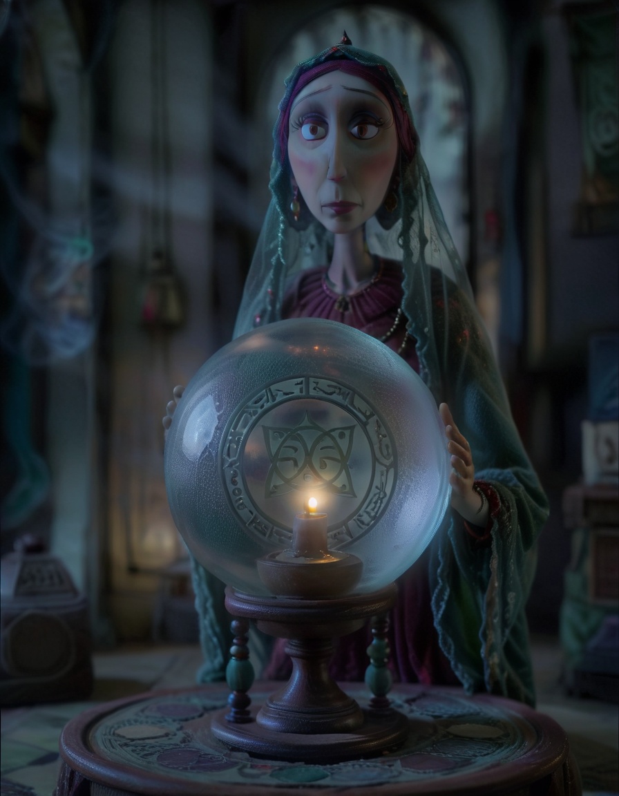 stopmotion, symmetrical, fortune teller, veiled, front, foggy room, dust, gipsy, oracle, crystal ball, low lit room, table, tilt-shift, glow <lora:STOPMO_2.0_RC:1.0>