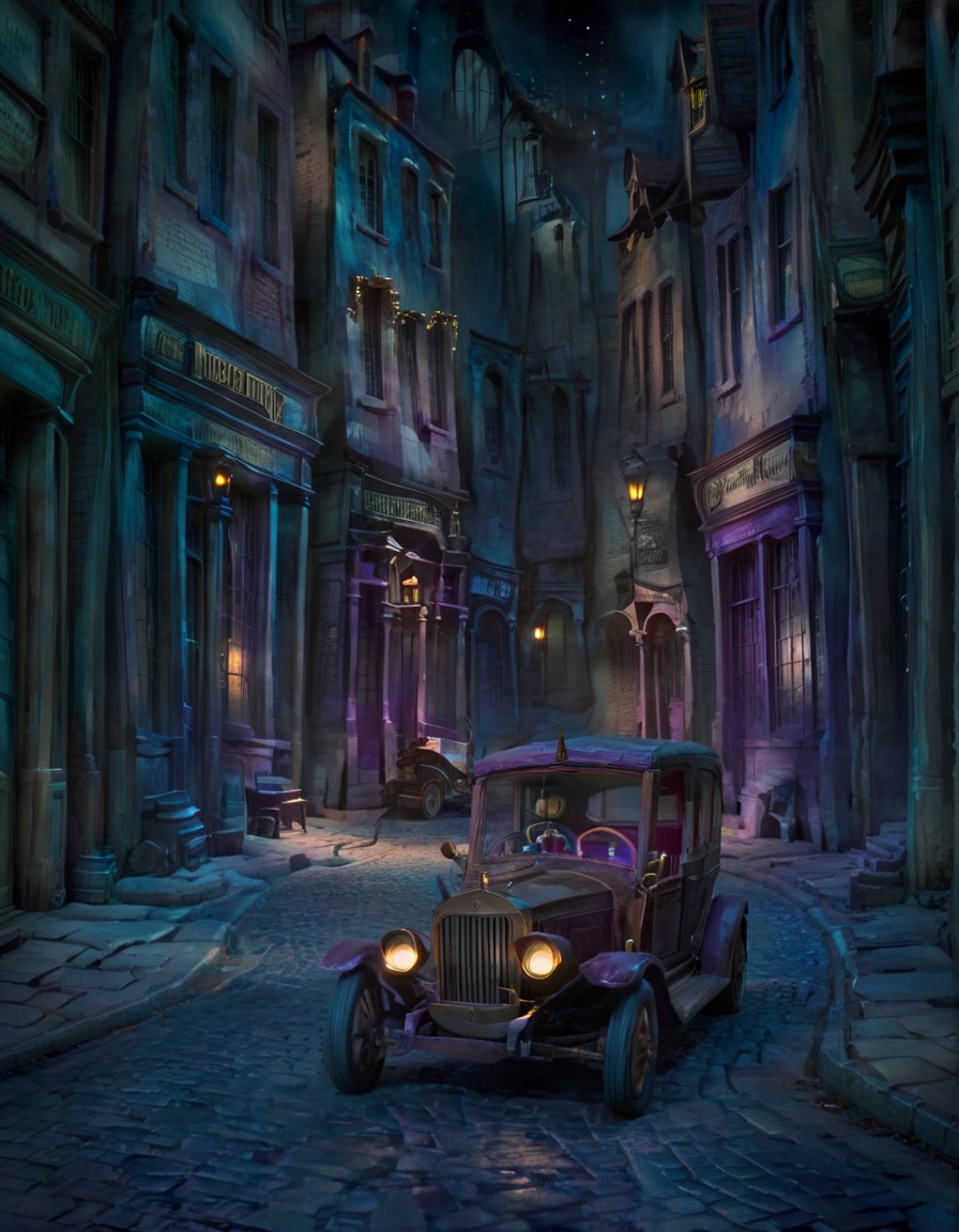 stopmotion, a Antique car in Diagon Alley landscape at Nighttime <lora:STOPMO_2.0_RC:1>