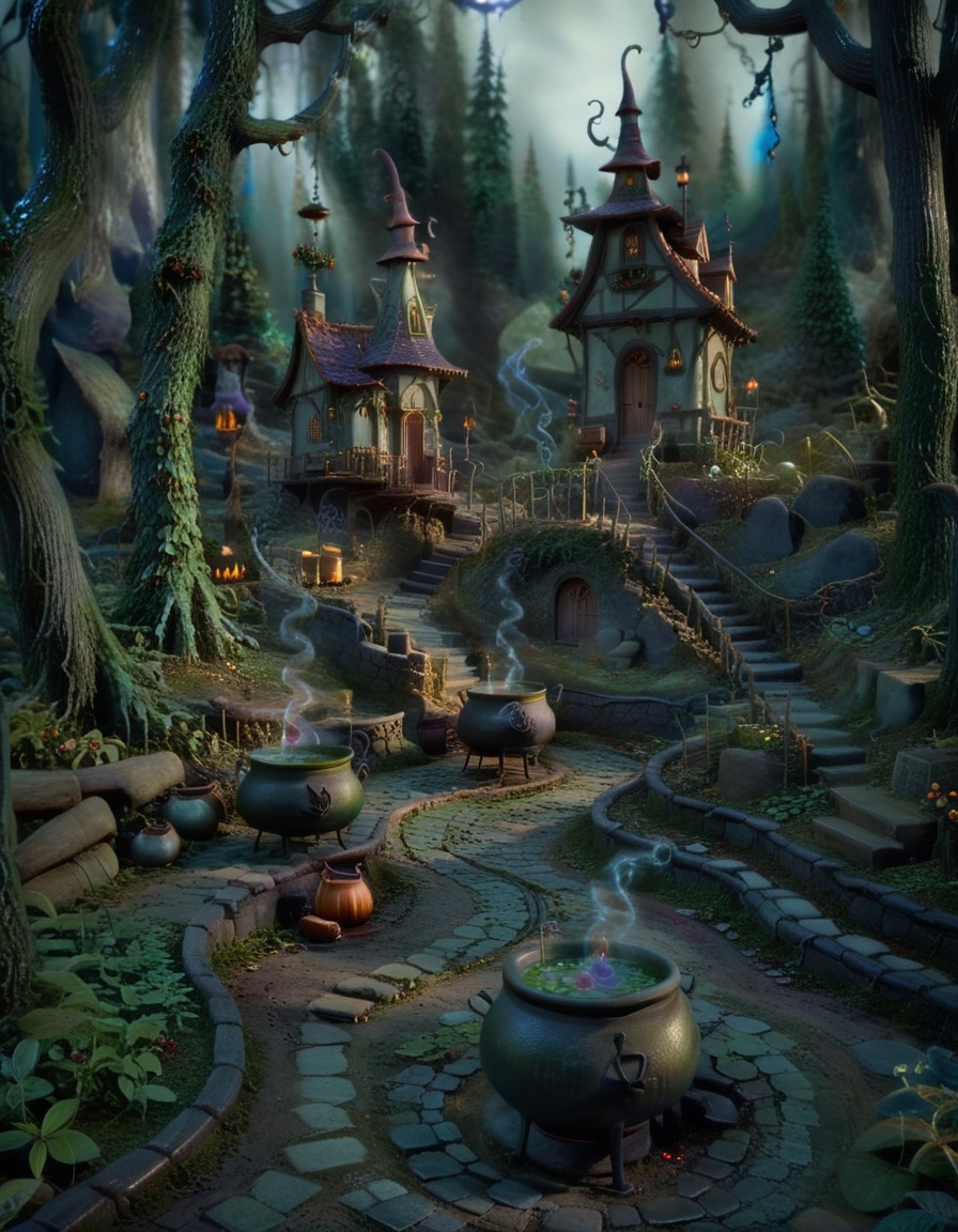 stopmotion, a Witch, spellcaster, cauldron, magic, mysterious, spellbinding, enigmatic, sorcery, mystical, wise. in Witch's Enchanted Forest: Winding paths, bubbling cauldrons, enchanted wildlife, talking trees, magical herbs., tilt-shift, gloomy <lora:STOPMO_2.0_RC:1.0>