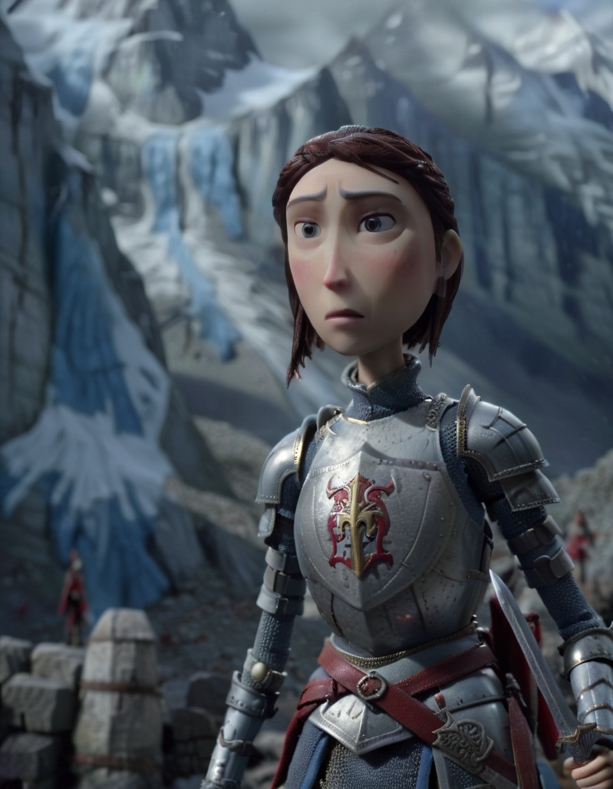 stopmotion, a female character Knight, chivalrous, armor, sword, honorable, valor, code of conduct, heroic, protect, loyal, courageous., Glacier, tilt-shift, gloomy <lora:STOPMO_2.0_RC:1.0>