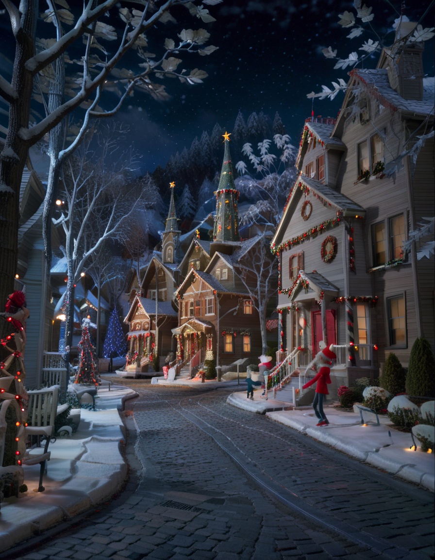 stopmotion, Holiday Light Displays, Dazzling Outdoor Decorations, Twinkling Lights, Neighborhood Competitions, Illuminated Streets, Winter Wonderland. <lora:STOPMO_2.0_RC:1.0>