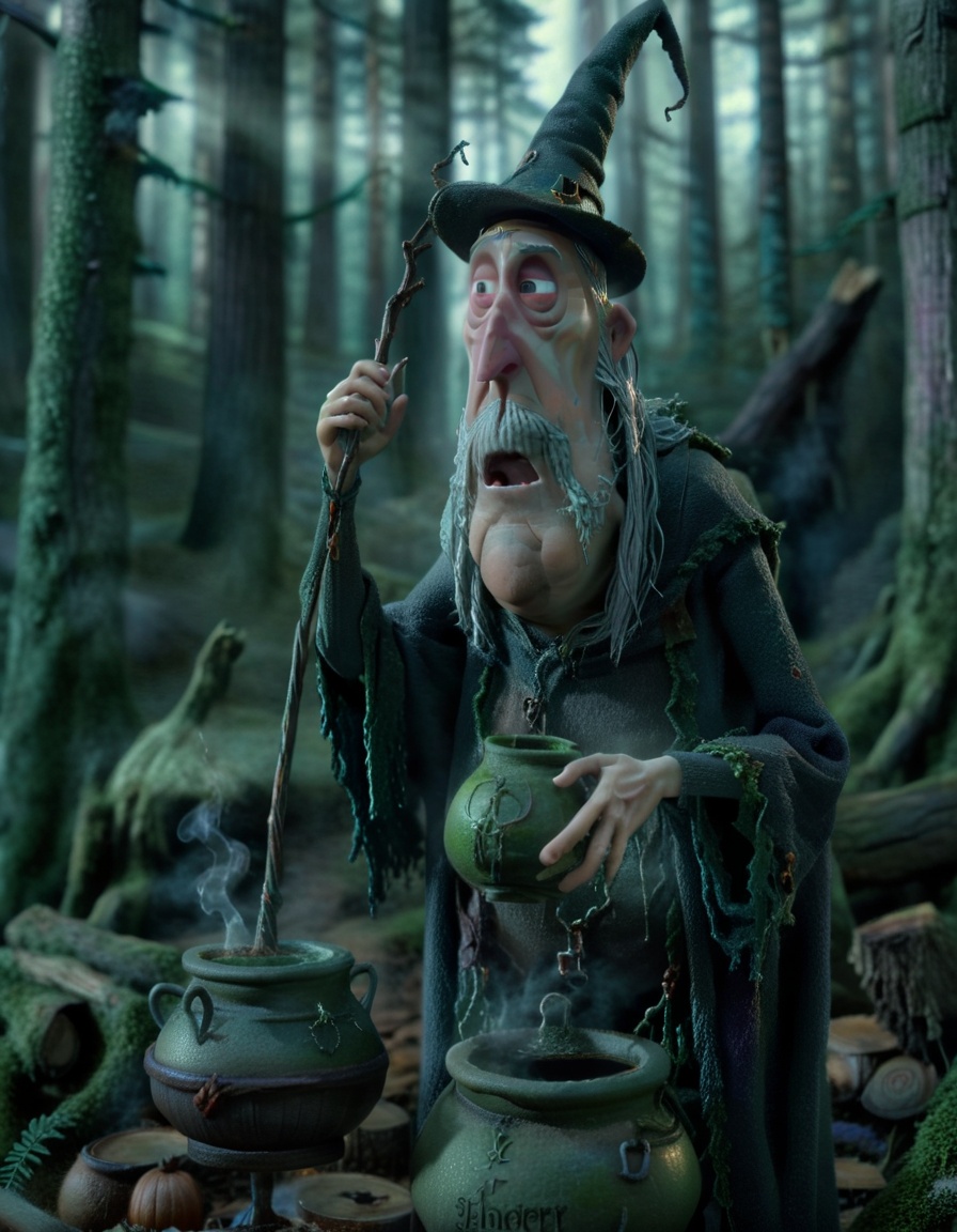 stopmotion, a elder man character Witch, spellcaster, cauldron, magic, mysterious, spellbinding, enigmatic, sorcery, mystical, wise., Coniferous Forest, tilt-shift, gloomy <lora:STOPMO_2.0_RC:1.0>