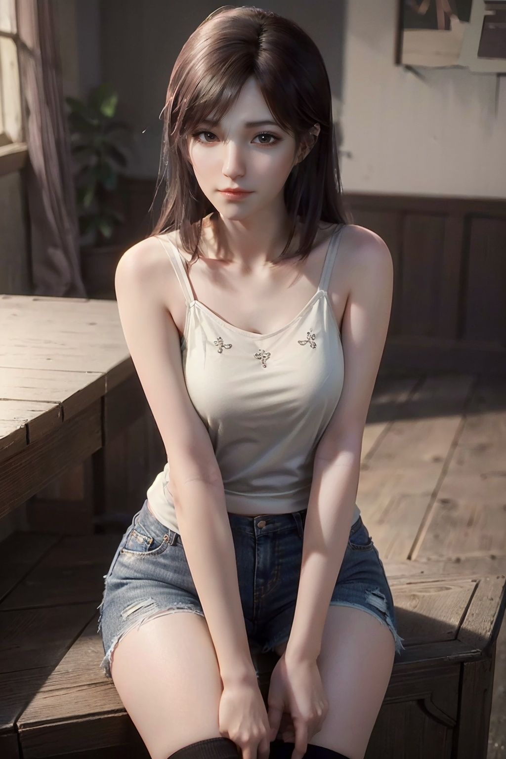 1girl,solo,(camisole:1.3),(cutoffs:1.3),(over-kneehighs:1.3),looking at viewer,(8k, RAW photo, best quality, masterpiece:1.3),(realistic, photo-realistic:1.3)(raw photo)(ultra-detailed)(extremely detailed CG unity 8k wallpaper) (extremely delicate and beautiful)(detailed and intricate)(original)(highres),<lora:xx_v1.0:0.7>,