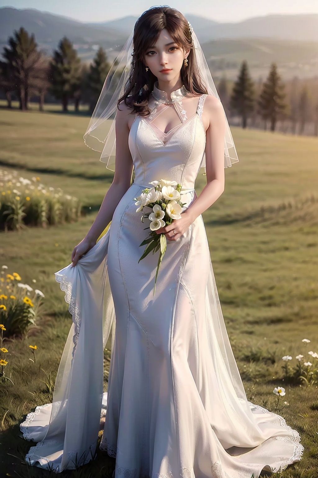 (wedding_dress:1.1),1girl,solo,full body,looking at viewer,in spring,sunset,in a meadow,flower sea,(8k, RAW photo, best quality, masterpiece:1.3),(realistic, photo-realistic:1.3)(raw photo)(ultra-detailed)(extremely detailed CG unity 8k wallpaper) (extremely delicate and beautiful)(detailed and intricate)(original)(highres),<lora:xx_v1.0:0.7>,