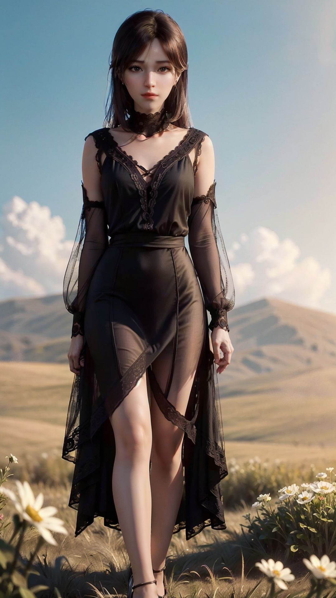 (black dress:1.1),(1girl:1.1),solo,full body,looking at viewer,in spring,sunset,in a meadow,flower sea,(8k, RAW photo, best quality, masterpiece:1.3),(realistic, photo-realistic:1.3)(raw photo)(ultra-detailed)(extremely detailed CG unity 8k wallpaper) (extremely delicate and beautiful)(detailed and intricate)(original)(highres),<lora:xx_v1.0:0.7>,